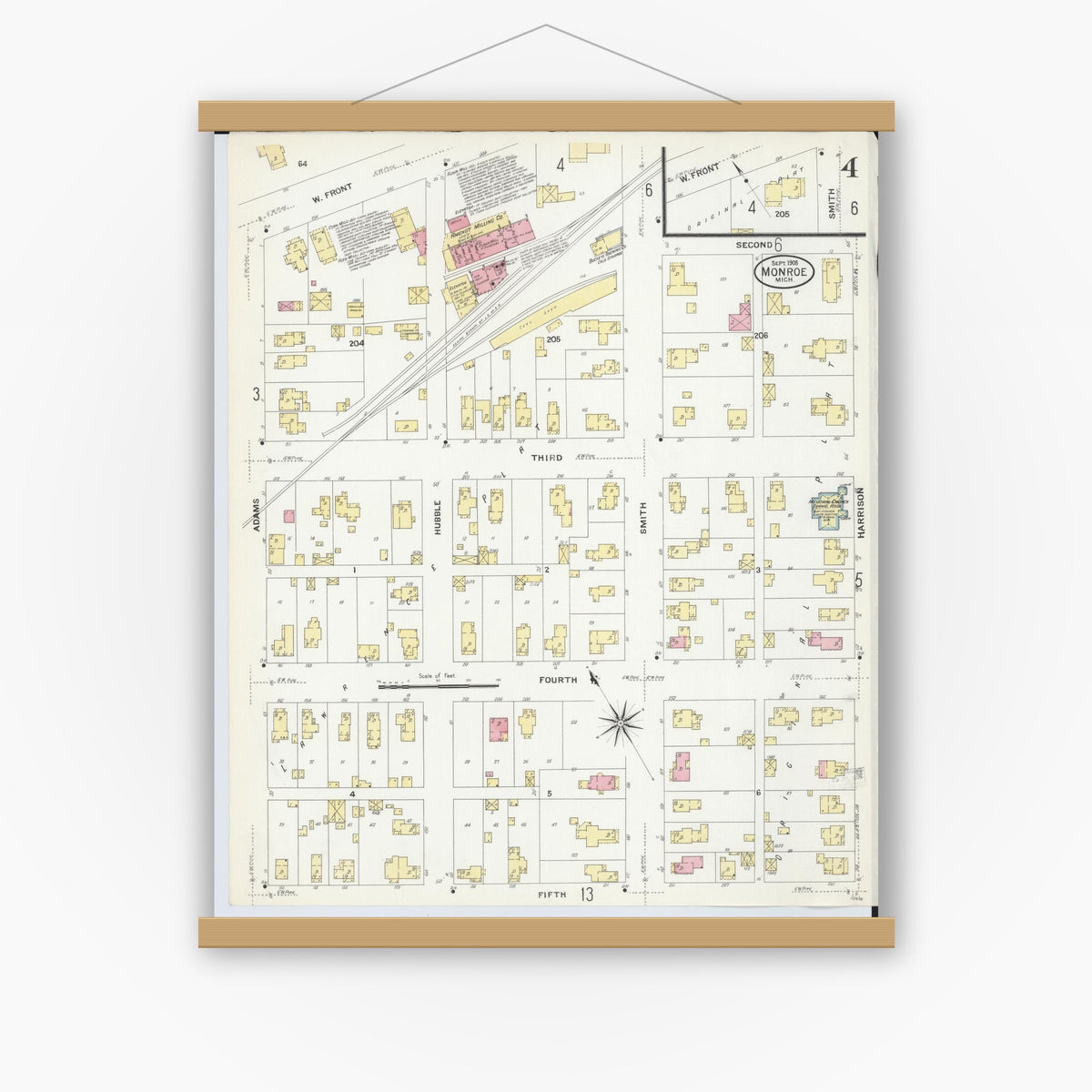 Old map wall art mockup — magnetic wood frame on white wall — Sanborn Fire Insurance Map from Monroe, Monroe County, Michigan (1908), Sheet #0004
