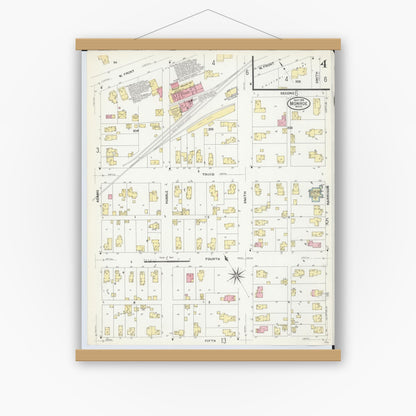 Old map wall art mockup — magnetic wood frame on white wall — Sanborn Fire Insurance Map from Monroe, Monroe County, Michigan (1908), Sheet #0004