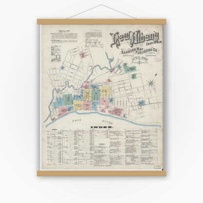 Old map wall art mockup — magnetic wood frame on white wall — Sanborn Fire Insurance Map from New Albany, Floyd County, Indiana (1886) - Complete Map Set