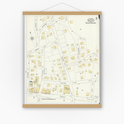 Old map wall art mockup — magnetic wood frame on white wall — Sanborn Fire Insurance Map from Melrose, Middlesex County, Massachusetts (1909), Sheet #0005