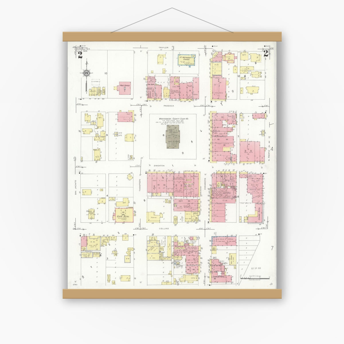 Old map wall art mockup — magnetic wood frame on white wall — Sanborn Fire Insurance Map from Conroe, Montgomery County, Texas (1938), Sheet #0002