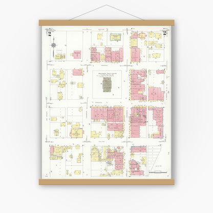 Old map wall art mockup — magnetic wood frame on white wall — Sanborn Fire Insurance Map from Conroe, Montgomery County, Texas (1938), Sheet #0002