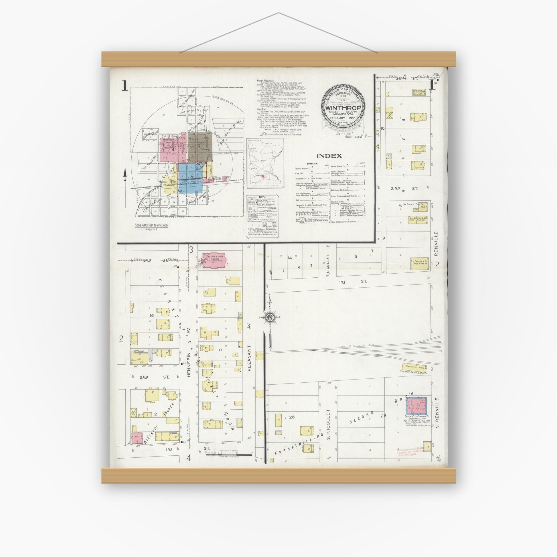 Old map wall art mockup — magnetic wood frame on white wall — Sanborn Fire Insurance Map from Winthrop, Sibley County, Minnesota (1930) - Complete Map Set