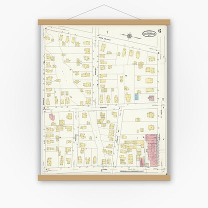 Old map wall art mockup — magnetic wood frame on white wall — Sanborn Fire Insurance Map from Gouverneur, Saint Lawrence County, New York (1912), Sheet #0006
