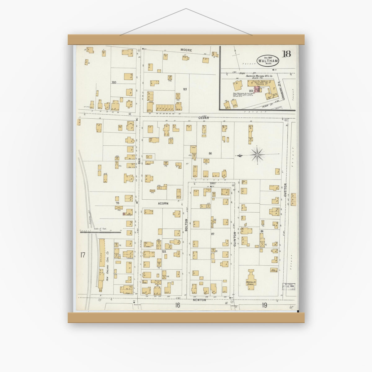 Old map wall art mockup — magnetic wood frame on white wall — Sanborn Fire Insurance Map from Waltham, Middlesex County, Massachusetts (1897), Sheet #0018