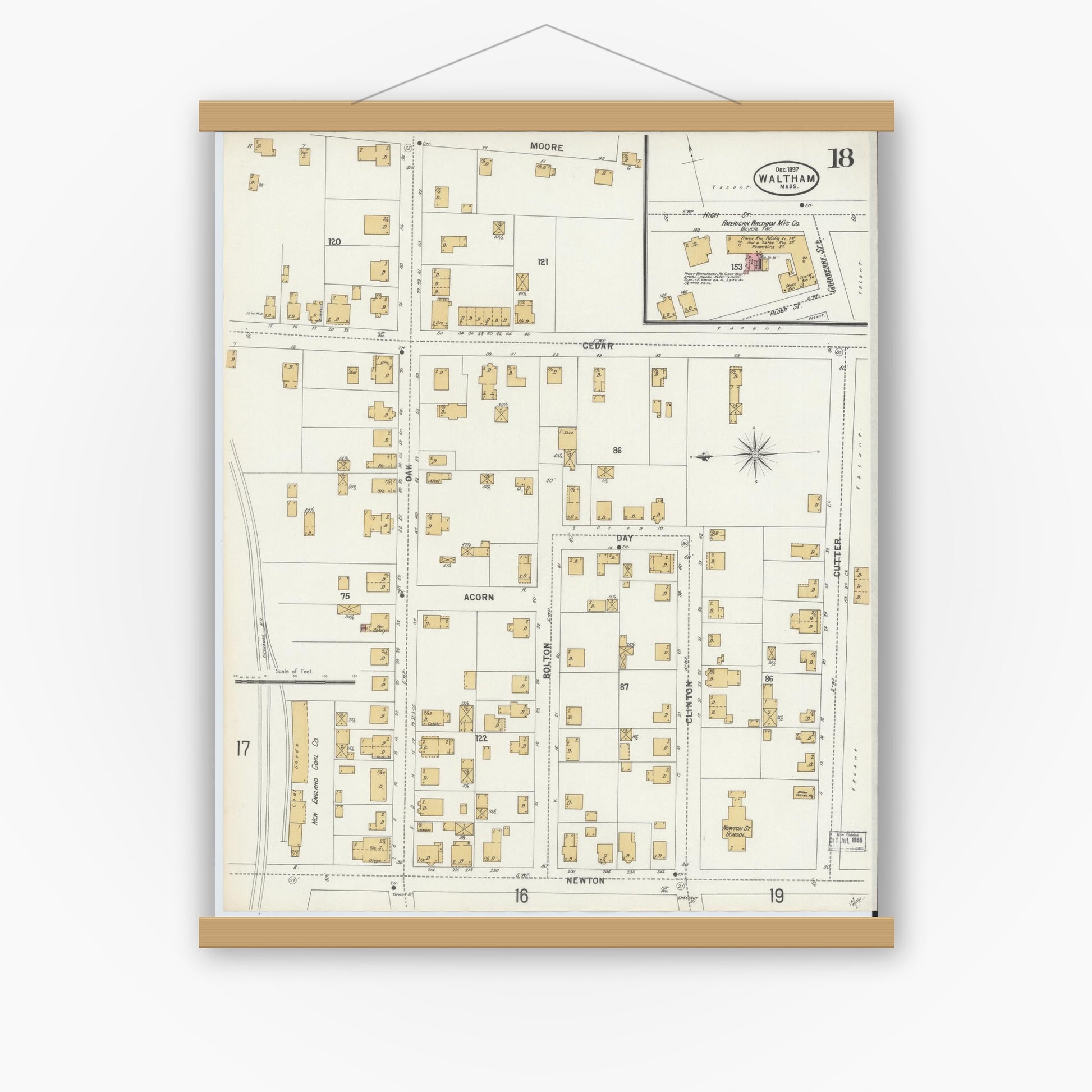 Old map wall art mockup — magnetic wood frame on white wall — Sanborn Fire Insurance Map from Waltham, Middlesex County, Massachusetts (1897), Sheet #0018