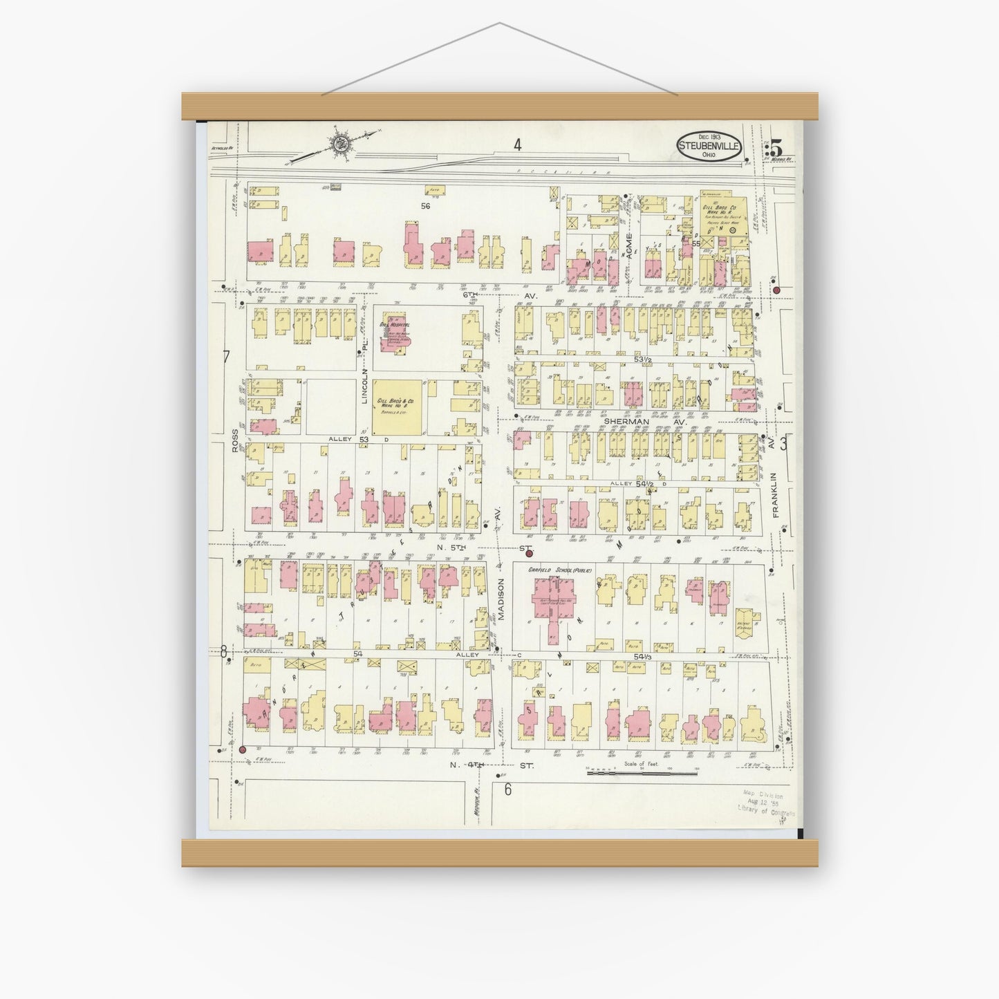 Old map wall art mockup — magnetic wood frame on white wall — Sanborn Fire Insurance Map from Steubenville, Jefferson County, Ohio (1913), Sheet #0005