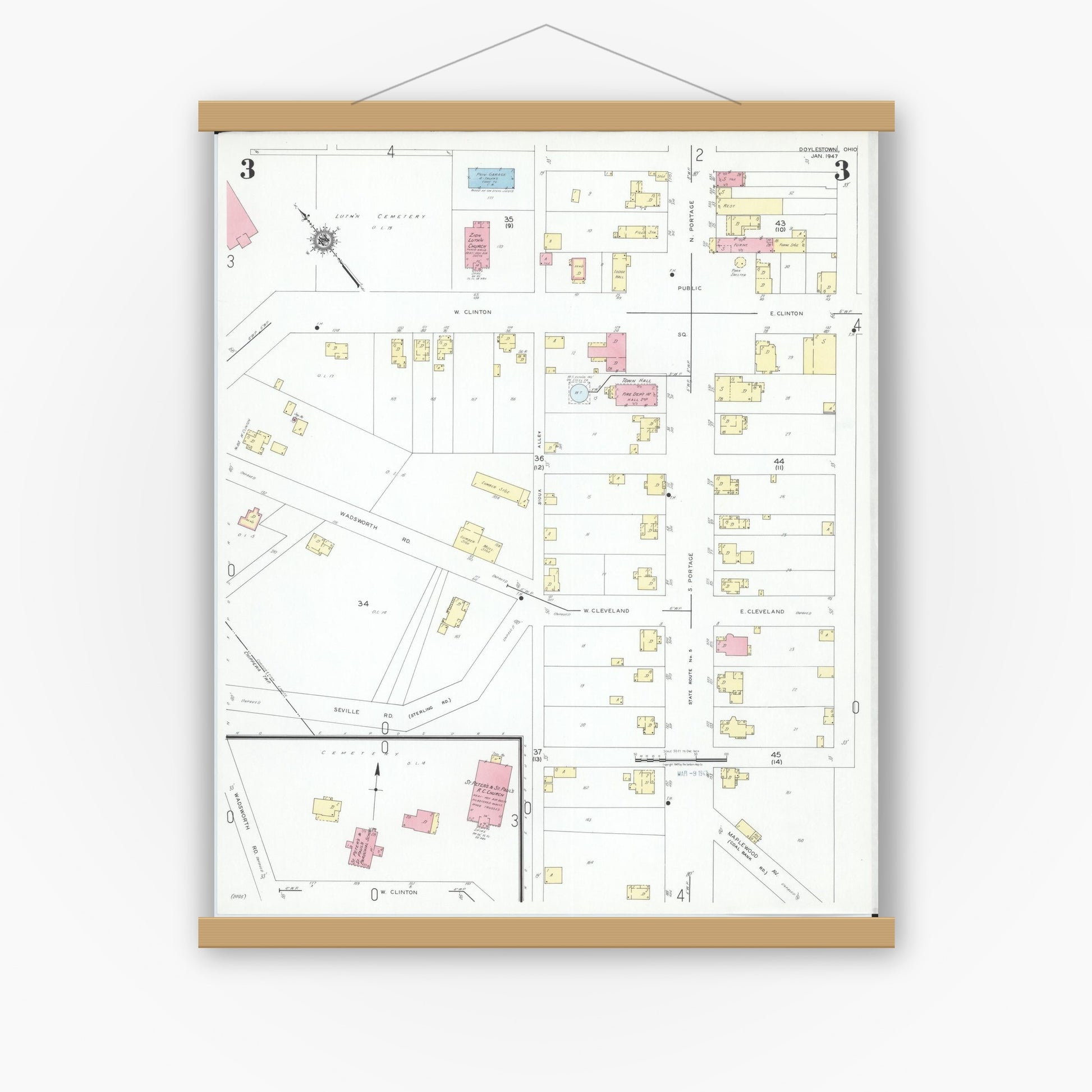 Old map wall art mockup — magnetic wood frame on white wall — Sanborn Fire Insurance Map from Doylestown, Wayne County, Ohio (1947), Sheet #0003