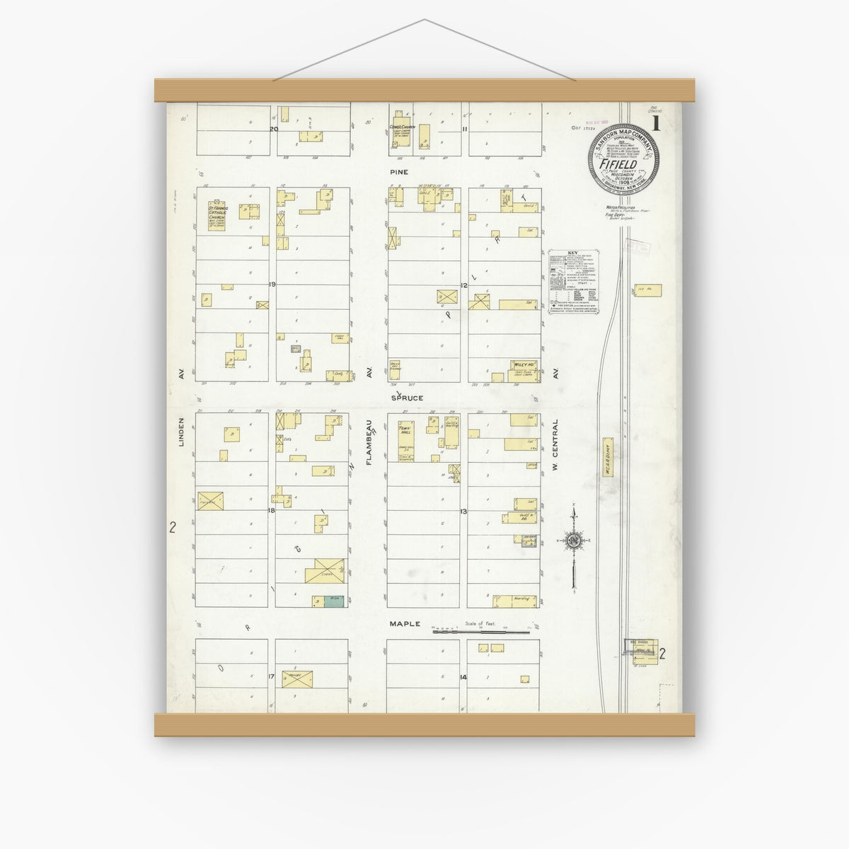Old map wall art mockup — magnetic wood frame on white wall — Sanborn Fire Insurance Map from Fifield, Price County, Wisconsin (1909) - Complete Map Set