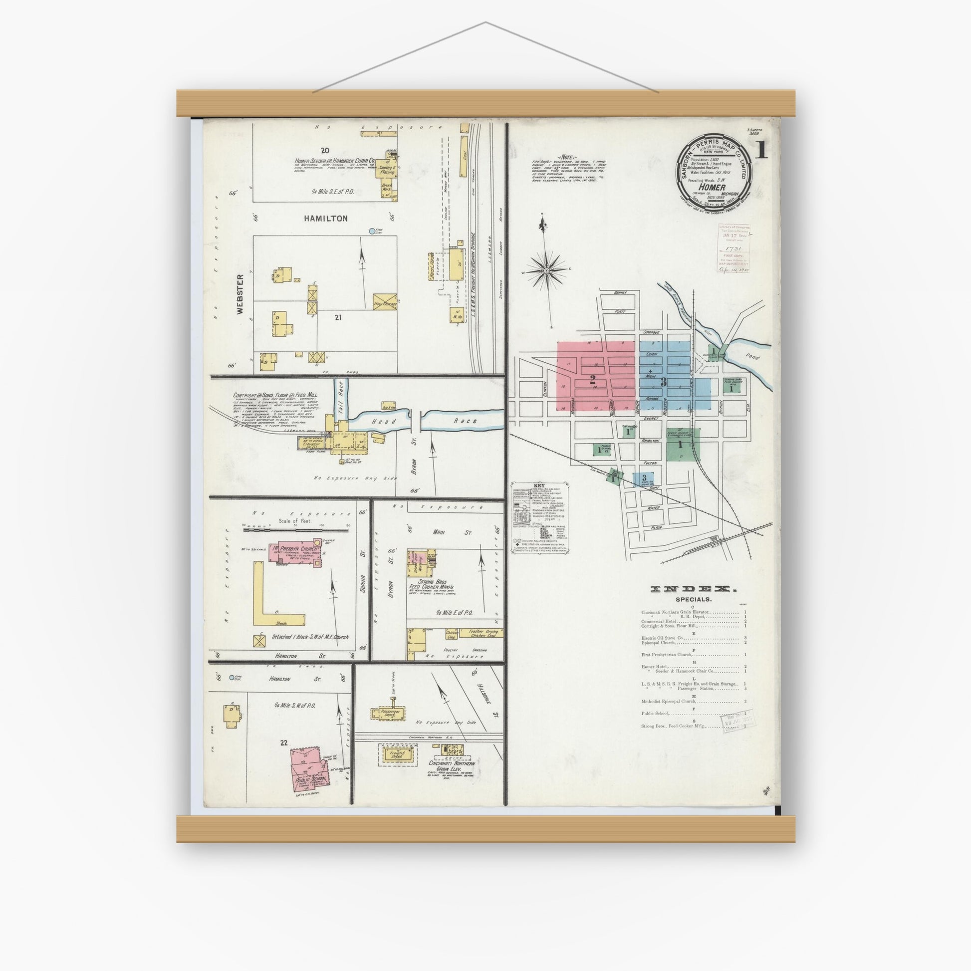 Old map wall art mockup — magnetic wood frame on white wall — Sanborn Fire Insurance Map from Homer, Calhoun County, Michigan (1899), Sheet #0001