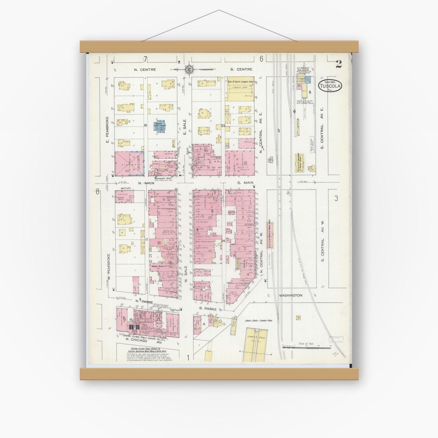 Old map wall art mockup — magnetic wood frame on white wall — Sanborn Fire Insurance Map from Tuscola, Douglas County, Illinois (1914), Sheet #0002