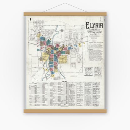 Old map wall art mockup — magnetic wood frame on white wall — Sanborn Fire Insurance Map from Elyria, Lorain County, Ohio (1925), Sheet #0001