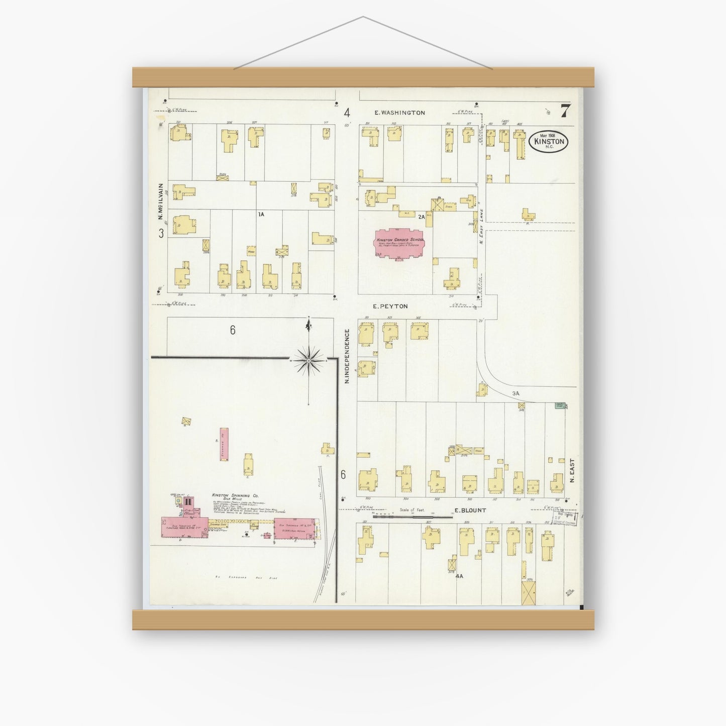 Old map wall art mockup — magnetic wood frame on white wall — Sanborn Fire Insurance Map from Kinston, Lenoir County, North Carolina (1908), Sheet #0007
