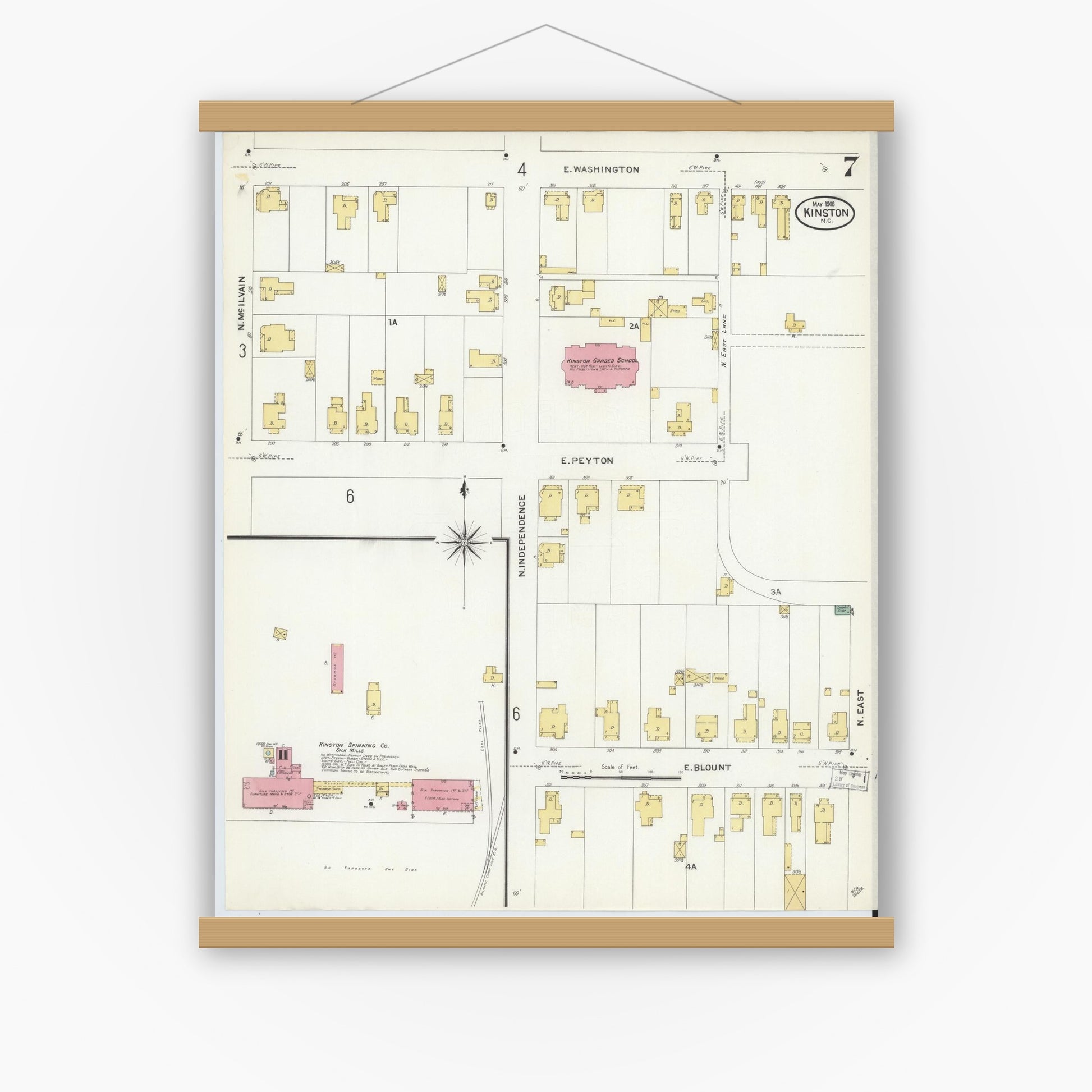 Old map wall art mockup — magnetic wood frame on white wall — Sanborn Fire Insurance Map from Kinston, Lenoir County, North Carolina (1908), Sheet #0007