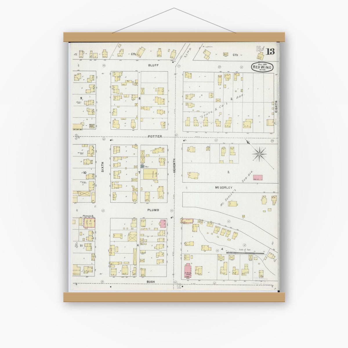 Old map wall art mockup — magnetic wood frame on white wall — Sanborn Fire Insurance Map from Red Wing, Goodhue County, Minnesota (1895), Sheet #0013