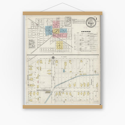 Old map wall art mockup — magnetic wood frame on white wall — Sanborn Fire Insurance Map from Redkey, Jay County, Indiana (1915) - Complete Map Set