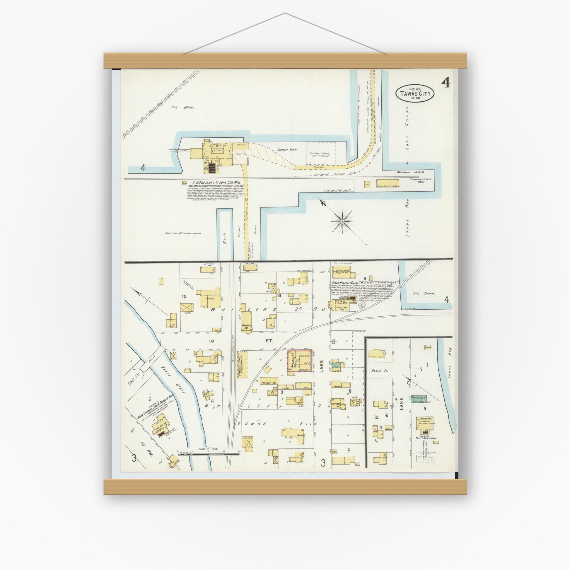 Old map wall art mockup — magnetic wood frame on white wall — Sanborn Fire Insurance Map from East Tawas, Iosco County, Michigan (1898), Sheet #0004