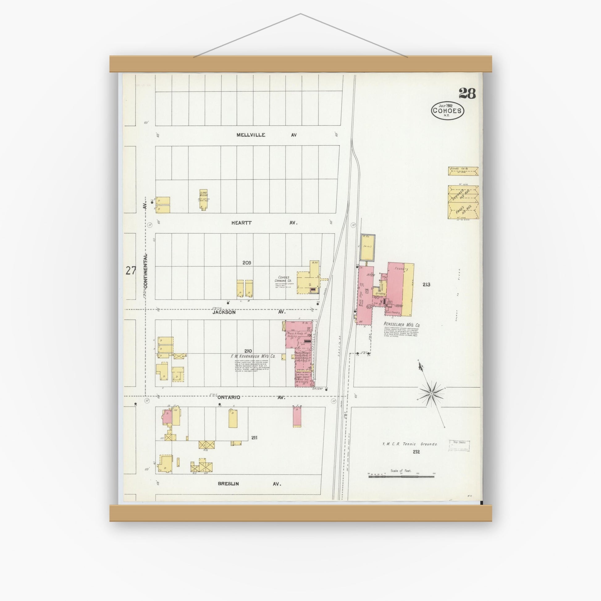 Old map wall art mockup — magnetic wood frame on white wall — Sanborn Fire Insurance Map from Cohoes, Albany County, New York (1902), Sheet #0028