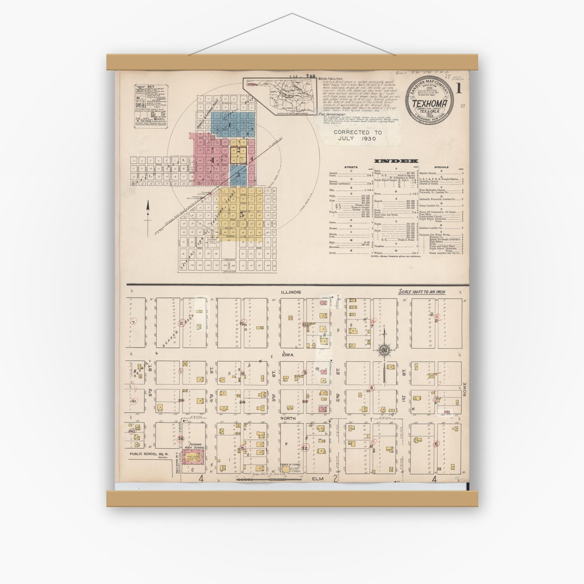 Old map wall art mockup — magnetic wood frame on white wall — Sanborn Fire Insurance Map from Texhoma, Texas County, Oklahoma and Sherman County, Texas, Texas (1930) - Complete Map Set