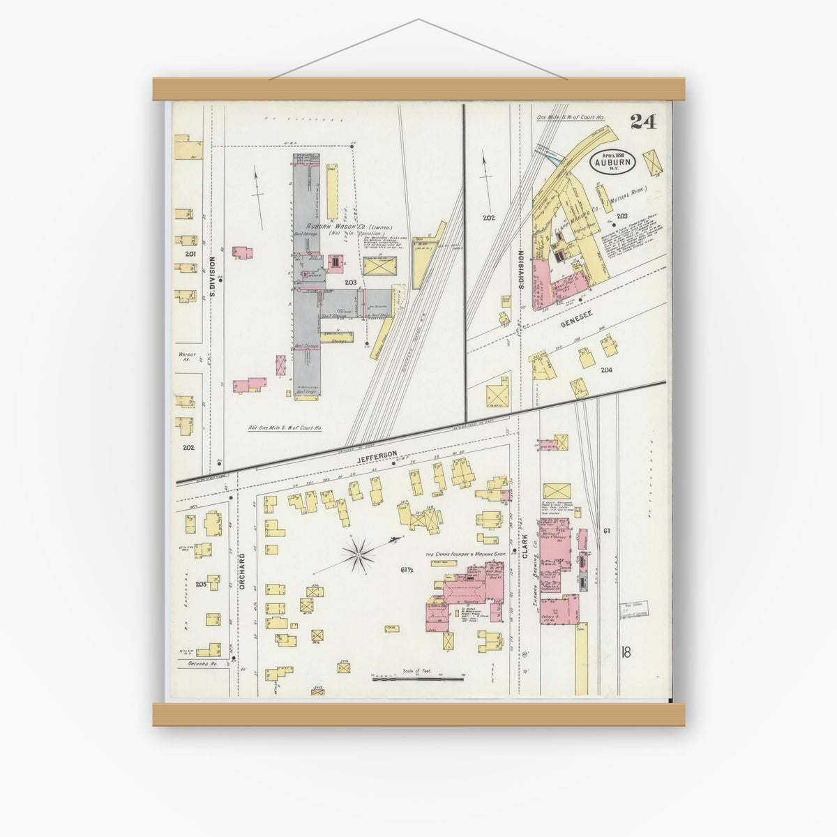 Old map wall art mockup — magnetic wood frame on white wall — Sanborn Fire Insurance Map from Auburn, Cayuga County, New York (1898), Sheet #0024