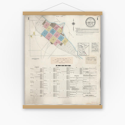 Old map wall art mockup — magnetic wood frame on white wall — Sanborn Fire Insurance Map from Lake City, Wabasha County, Minnesota (1938), Sheet #0001