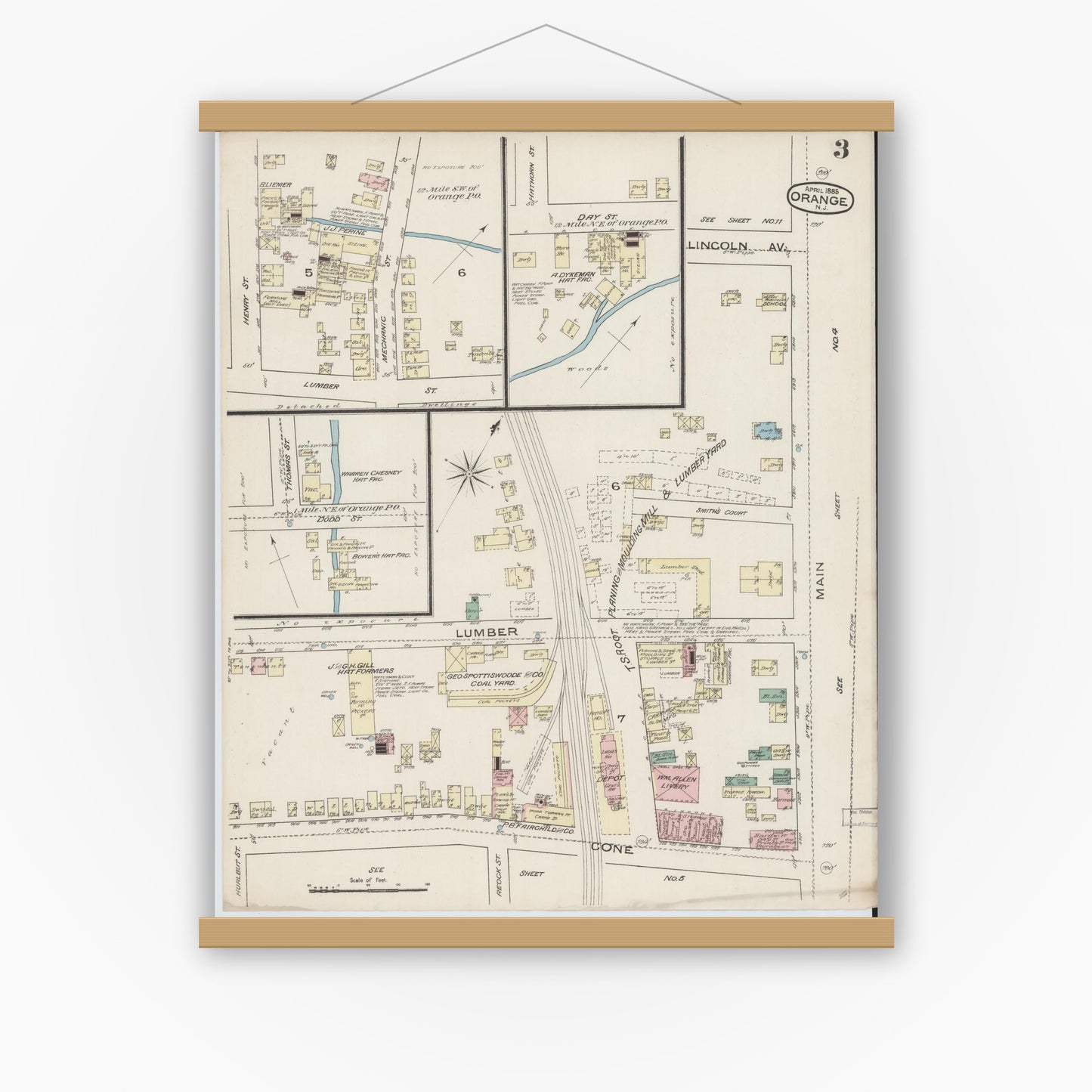 Old map wall art mockup — magnetic wood frame on white wall — Sanborn Fire Insurance Map from Orange, Essex County, New Jersey (1885), Sheet #0003