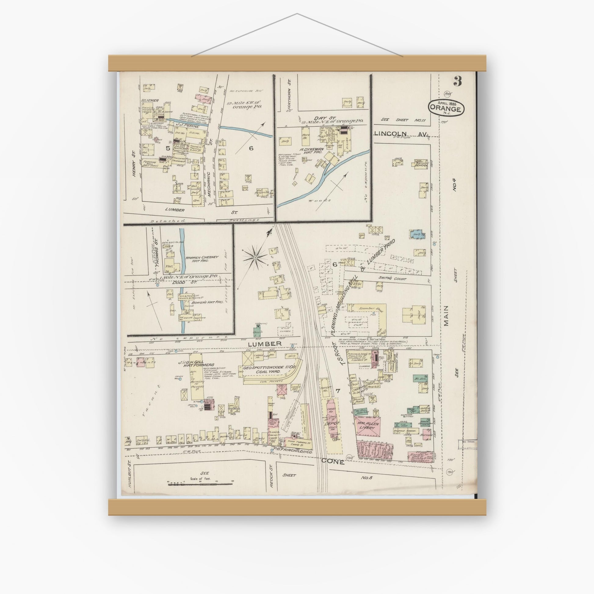 Old map wall art mockup — magnetic wood frame on white wall — Sanborn Fire Insurance Map from Orange, Essex County, New Jersey (1885), Sheet #0003