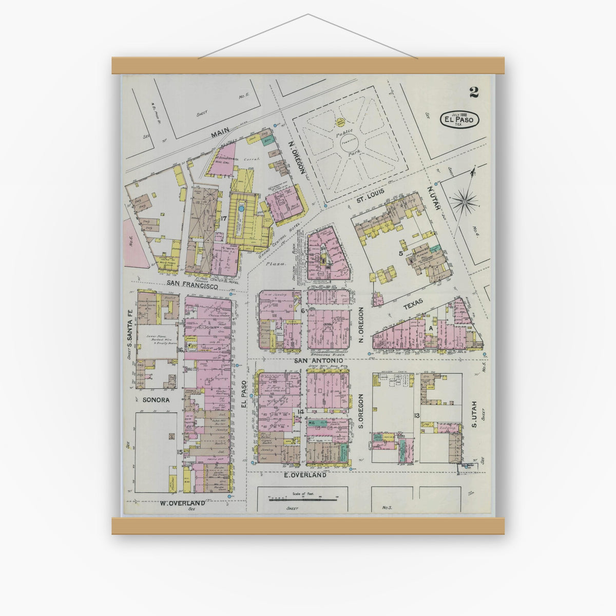 Old map wall art mockup — magnetic wood frame on white wall — Sanborn Fire Insurance Map from El Paso, El Paso County, Texas (1888), Sheet #0002