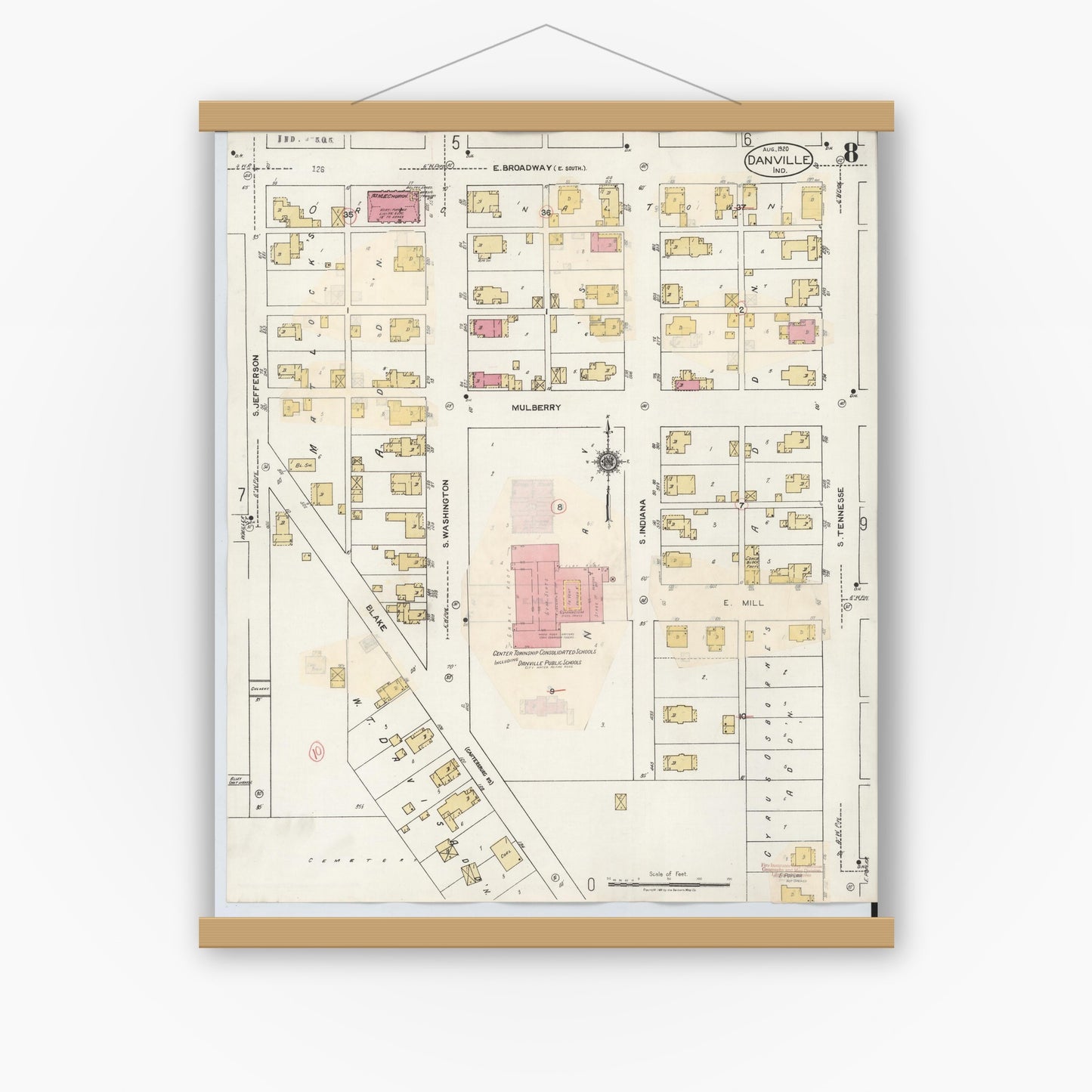 Old map wall art mockup — magnetic wood frame on white wall — Sanborn Fire Insurance Map from Danville, Hendricks County, Indiana (1932), Sheet #0008