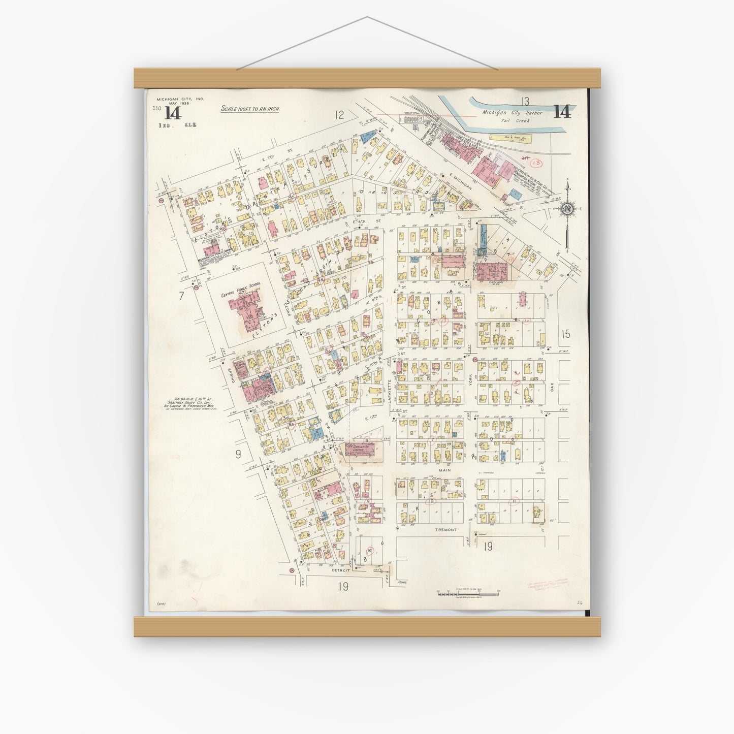 Old map wall art mockup — magnetic wood frame on white wall — Sanborn Fire Insurance Map from Michigan City, La Porte County, Indiana (1948), Sheet #0014