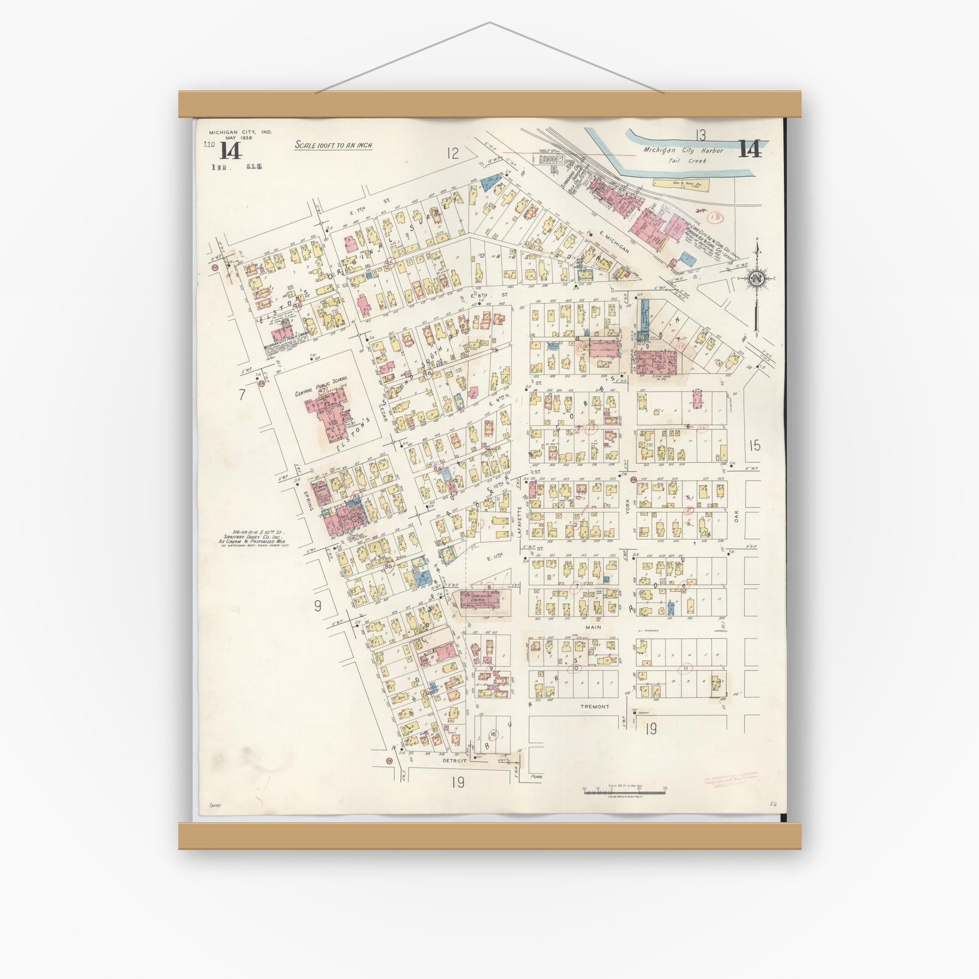 Old map wall art mockup — magnetic wood frame on white wall — Sanborn Fire Insurance Map from Michigan City, La Porte County, Indiana (1948), Sheet #0014