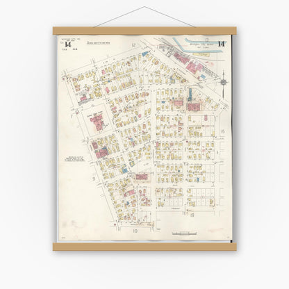 Old map wall art mockup — magnetic wood frame on white wall — Sanborn Fire Insurance Map from Michigan City, La Porte County, Indiana (1948), Sheet #0014