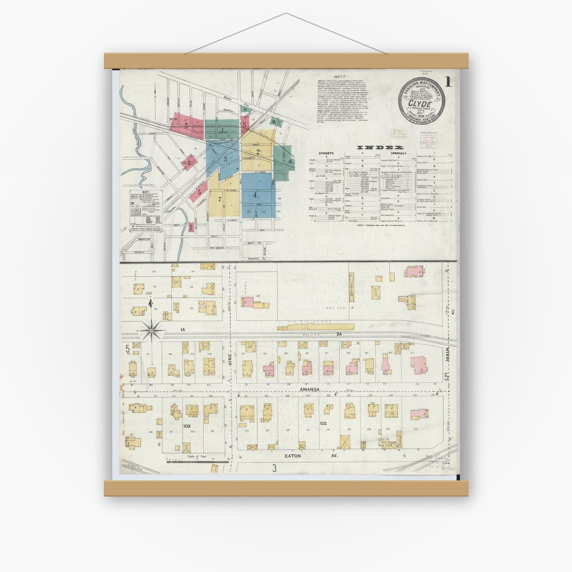 Old map wall art mockup — magnetic wood frame on white wall — Sanborn Fire Insurance Map from Clyde, Sandusky County, Ohio (1906) - Complete Map Set