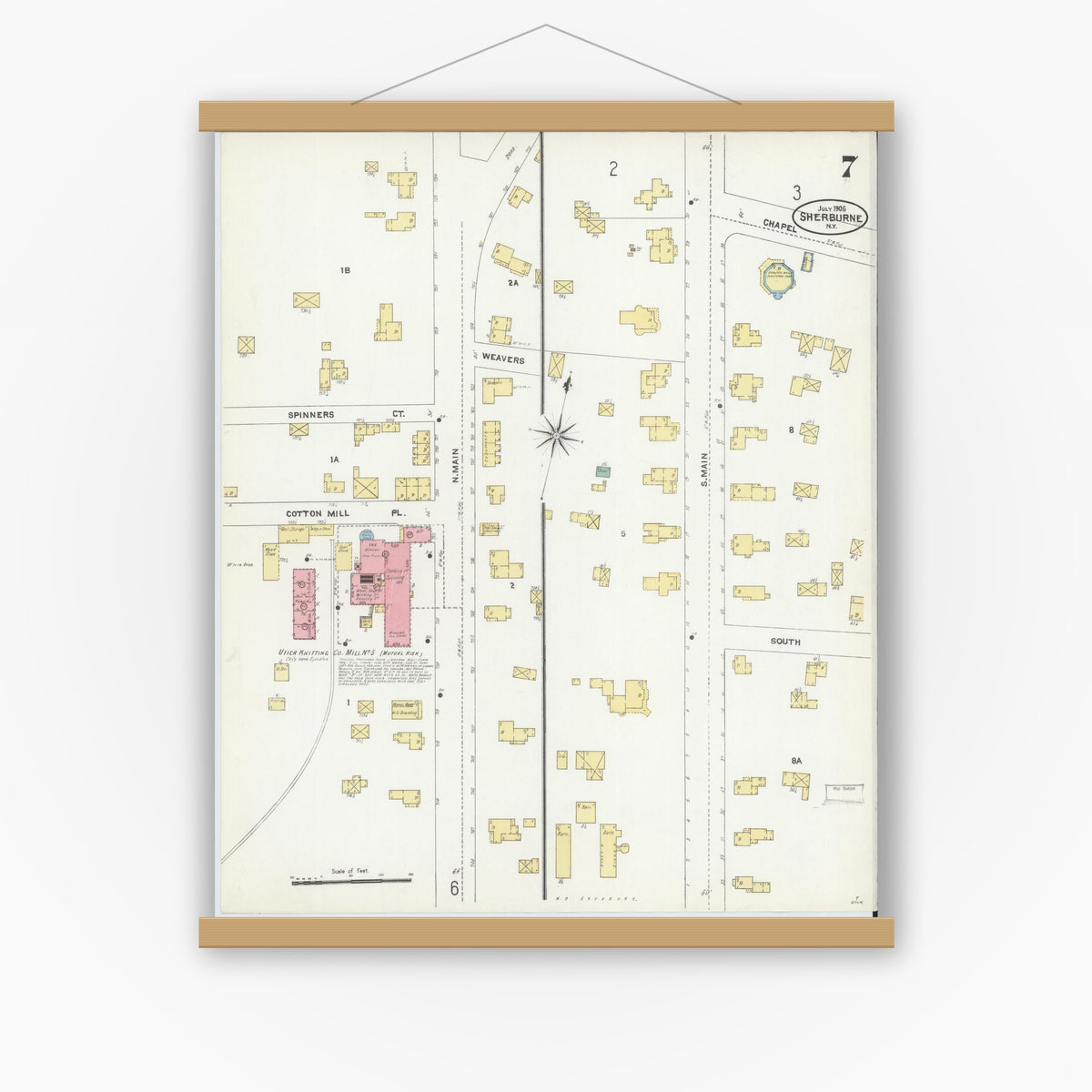 Old map wall art mockup — magnetic wood frame on white wall — Sanborn Fire Insurance Map from Sherburne, Chenango County, New York (1906), Sheet #0007