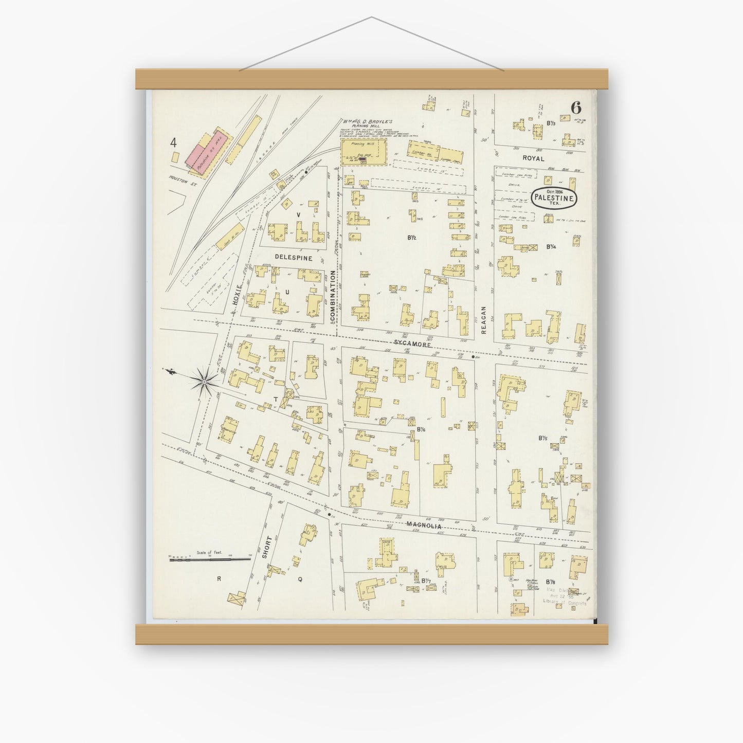 Old map wall art mockup — magnetic wood frame on white wall — Sanborn Fire Insurance Map from Palestine, Anderson County, Texas (1896), Sheet #0006