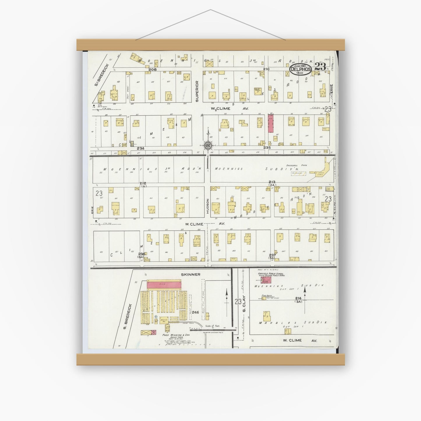 Old map wall art mockup — magnetic wood frame on white wall — Sanborn Fire Insurance Map from Delphos, Van Wert And Allen Counties, Ohio (1921), Sheet #0023