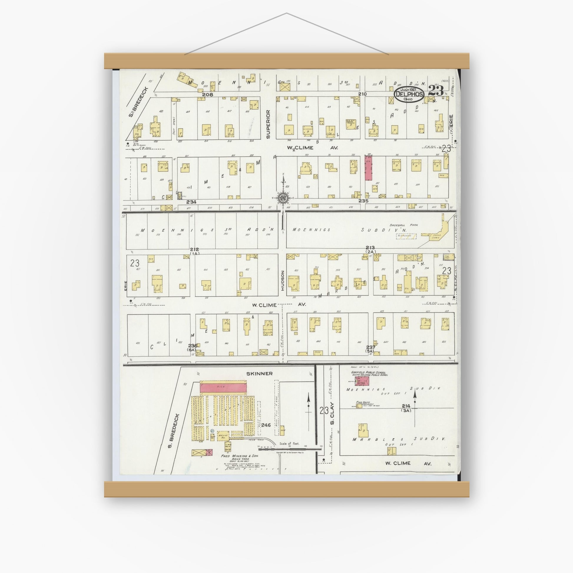 Old map wall art mockup — magnetic wood frame on white wall — Sanborn Fire Insurance Map from Delphos, Van Wert And Allen Counties, Ohio (1921), Sheet #0023