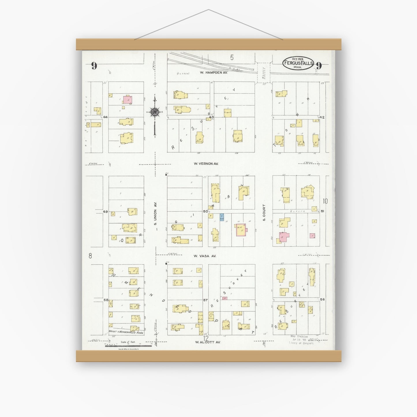 Old map wall art mockup — magnetic wood frame on white wall — Sanborn Fire Insurance Map from Fergus Falls, Otter Tail County, Minnesota (1924), Sheet #0009