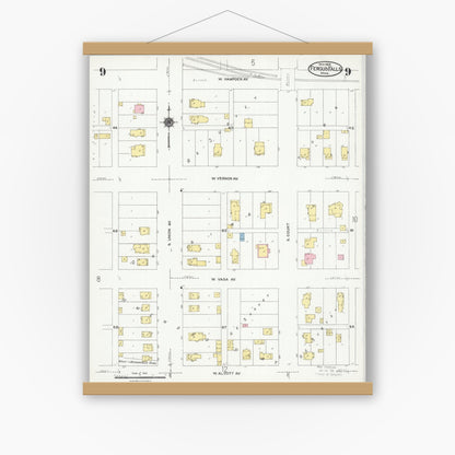 Old map wall art mockup — magnetic wood frame on white wall — Sanborn Fire Insurance Map from Fergus Falls, Otter Tail County, Minnesota (1924), Sheet #0009