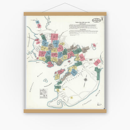 Old map wall art mockup — magnetic wood frame on white wall — Sanborn Fire Insurance Map from Gloucester, Essex County, Massachusetts (1909), Sheet #0001