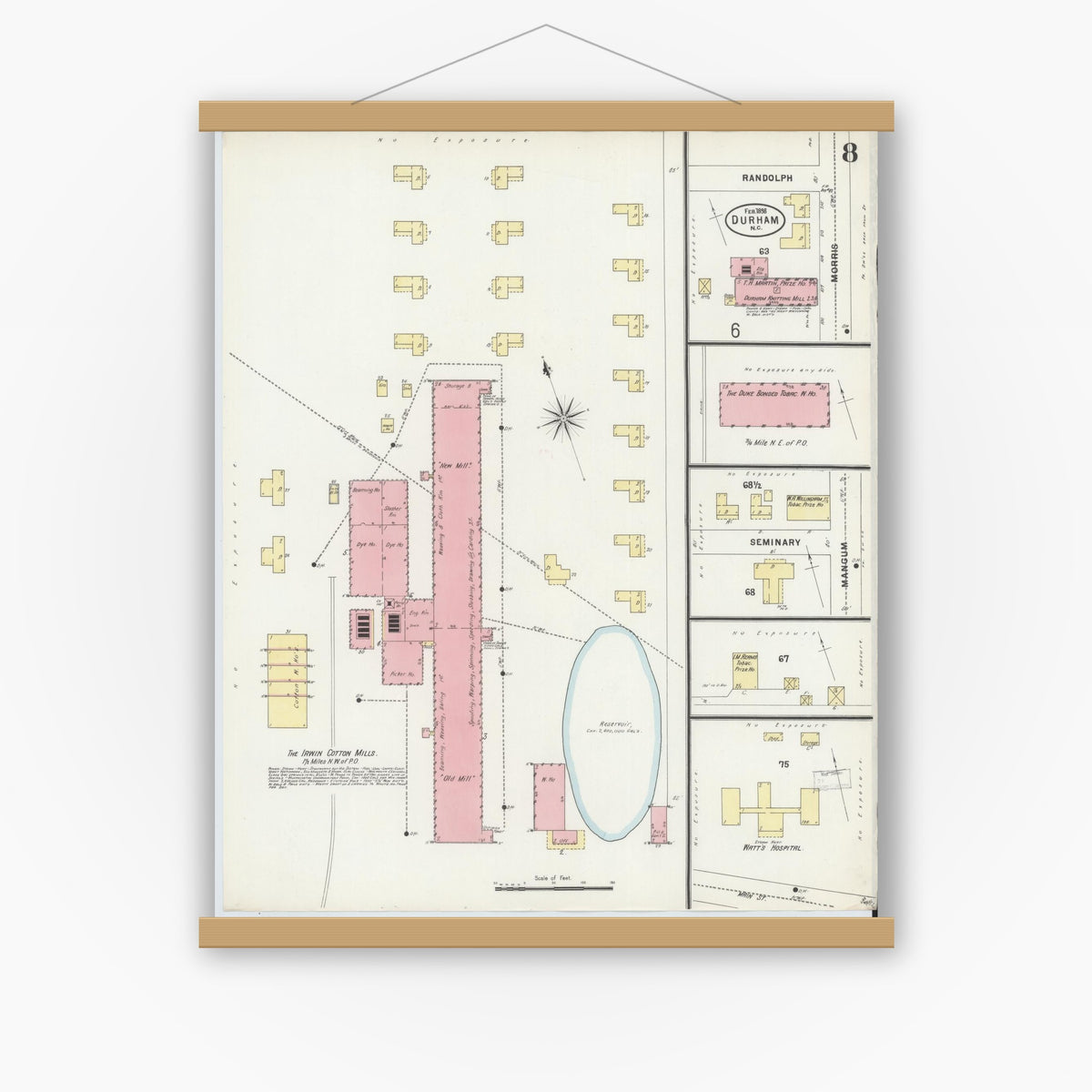 Old map wall art mockup — magnetic wood frame on white wall — Sanborn Fire Insurance Map from Durham, Durham County, North Carolina (1898), Sheet #0008