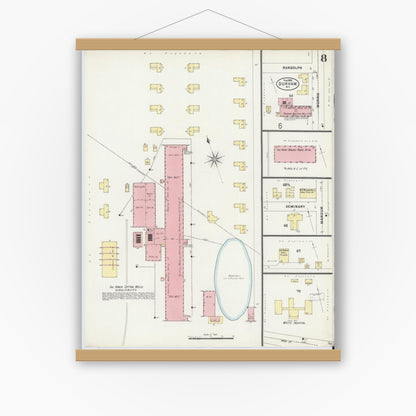 Old map wall art mockup — magnetic wood frame on white wall — Sanborn Fire Insurance Map from Durham, Durham County, North Carolina (1898), Sheet #0008