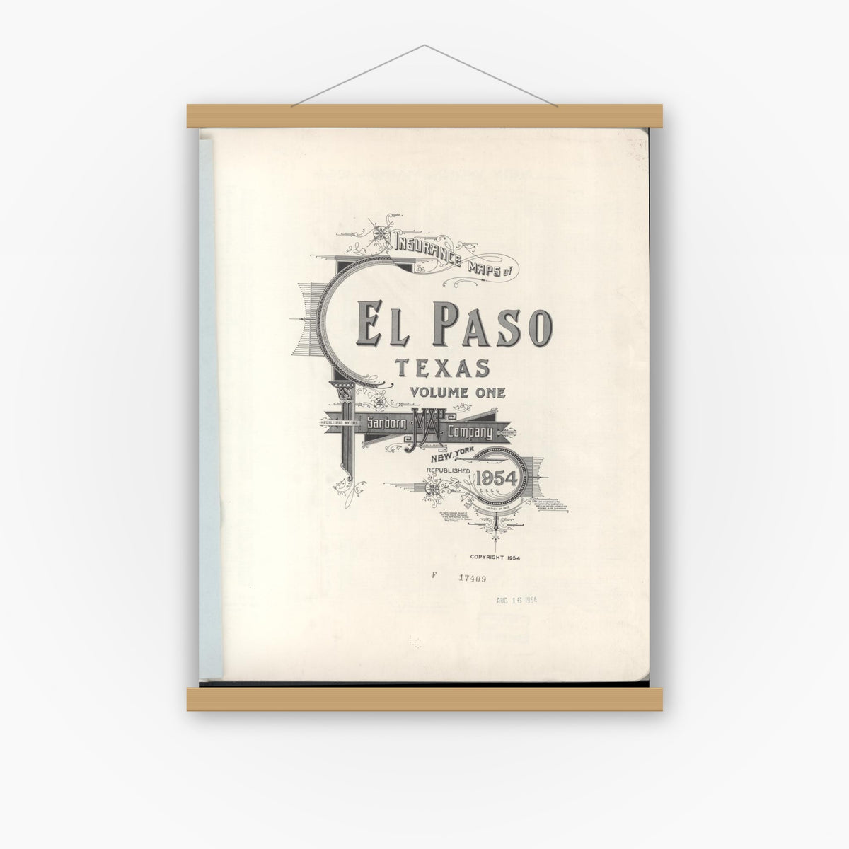 Old map wall art mockup — magnetic wood frame on white wall — Sanborn Fire Insurance Map from El Paso, El Paso County, Texas (1954), Sheet #0001