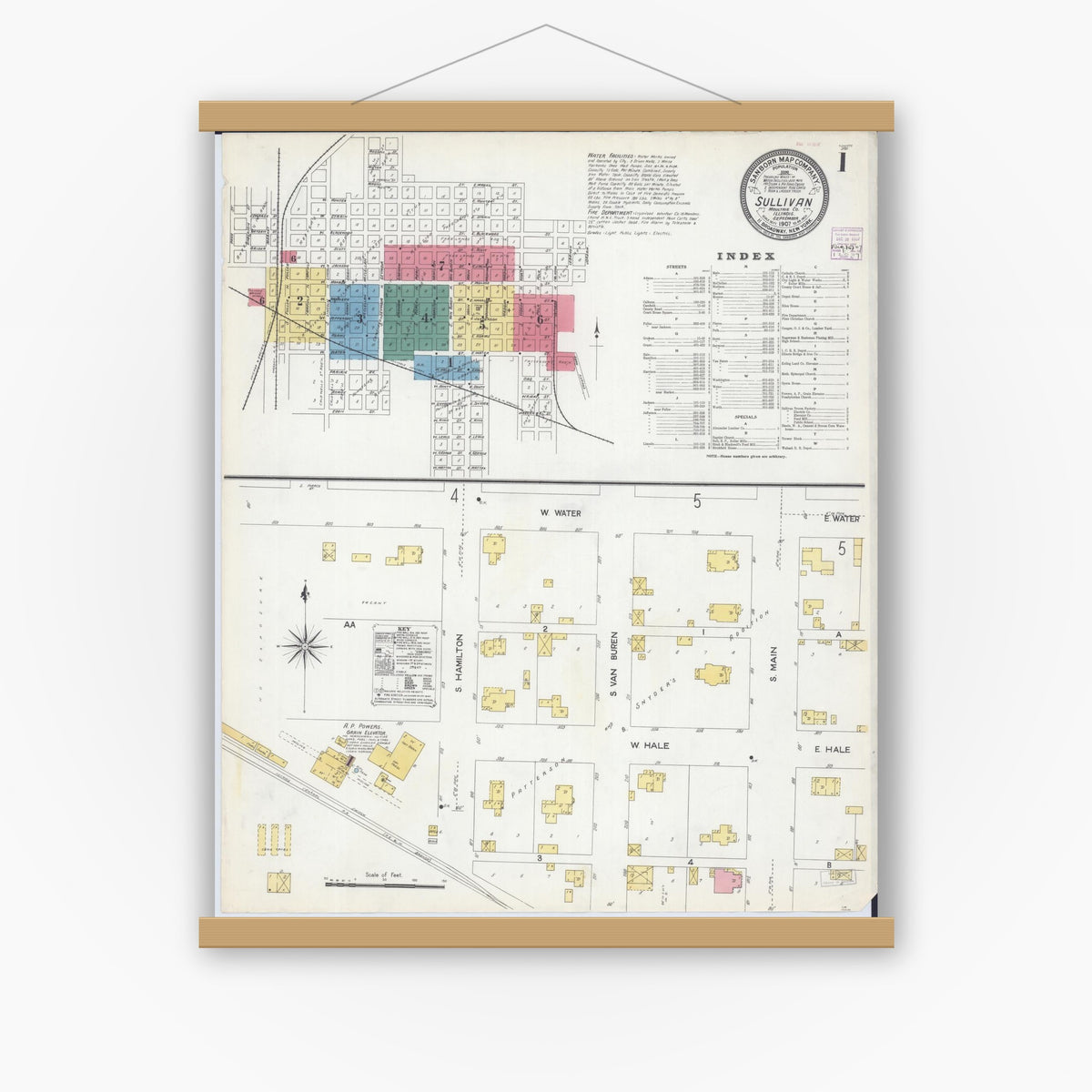Old map wall art mockup — magnetic wood frame on white wall — Sanborn Fire Insurance Map from Sullivan, Moultrie County, Illinois (1907) - Complete Map Set