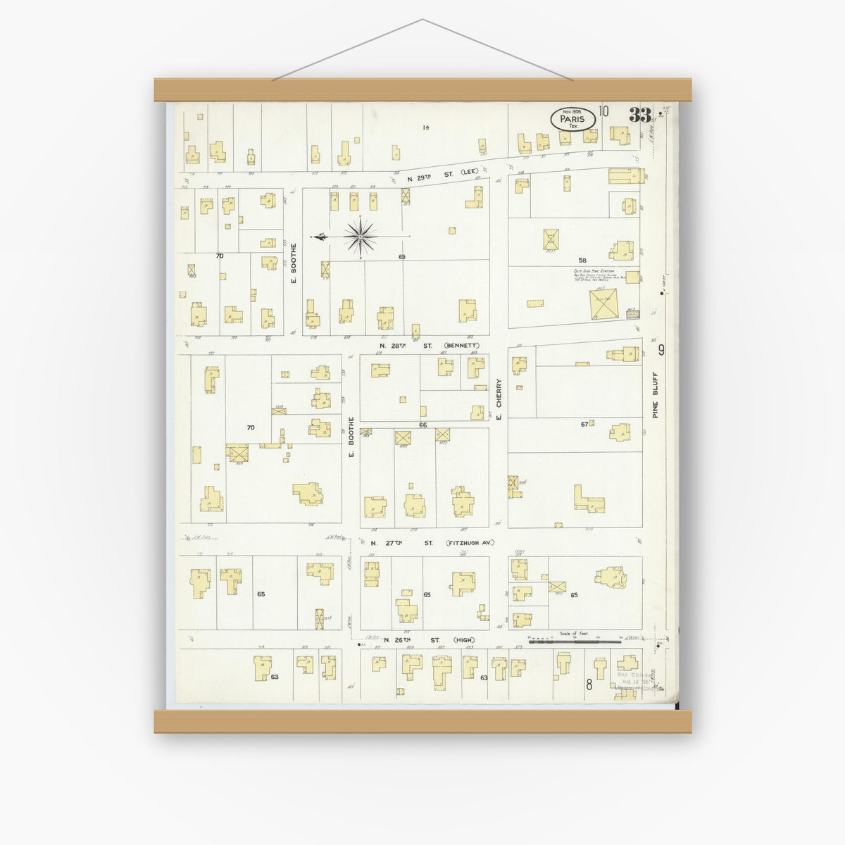 Old map wall art mockup — magnetic wood frame on white wall — Sanborn Fire Insurance Map from Paris, Lamar County, Texas (1908), Sheet #0033