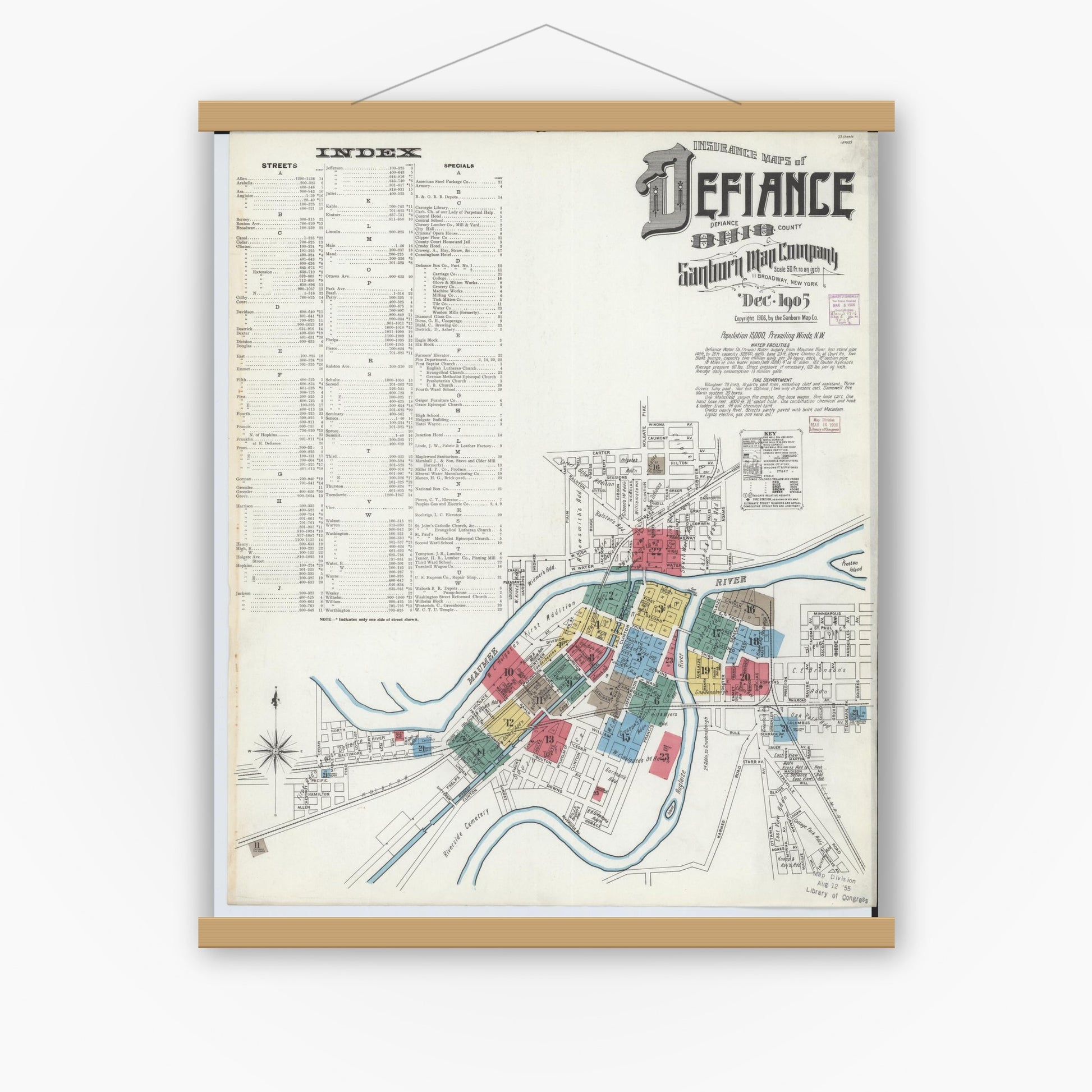 Old map wall art mockup — magnetic wood frame on white wall — Sanborn Fire Insurance Map from Defiance, Defiance County, Ohio (1905) - Complete Map Set
