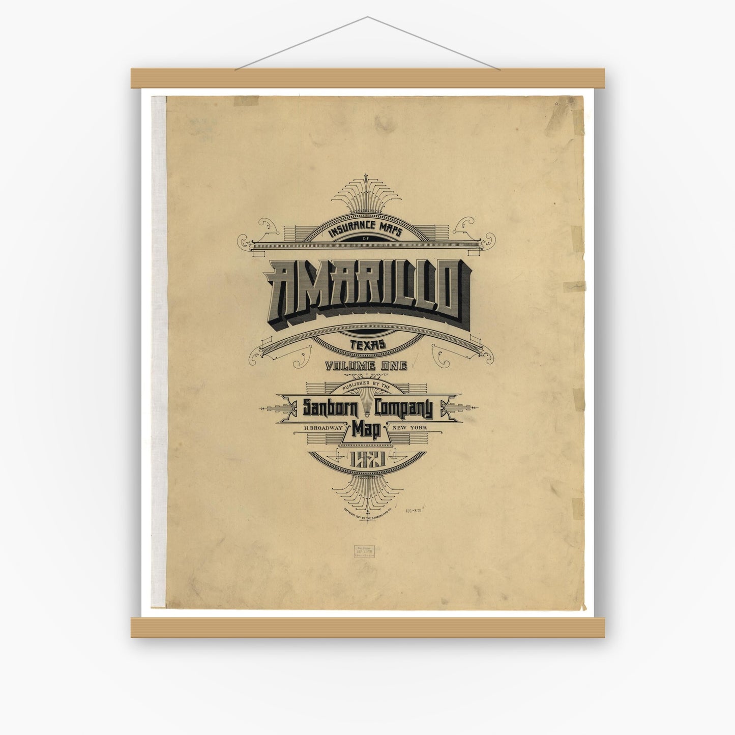 Old map wall art mockup — magnetic wood frame on white wall — Sanborn Fire Insurance Map from Amarillo, Potter County, Texas (1921), Sheet #0001