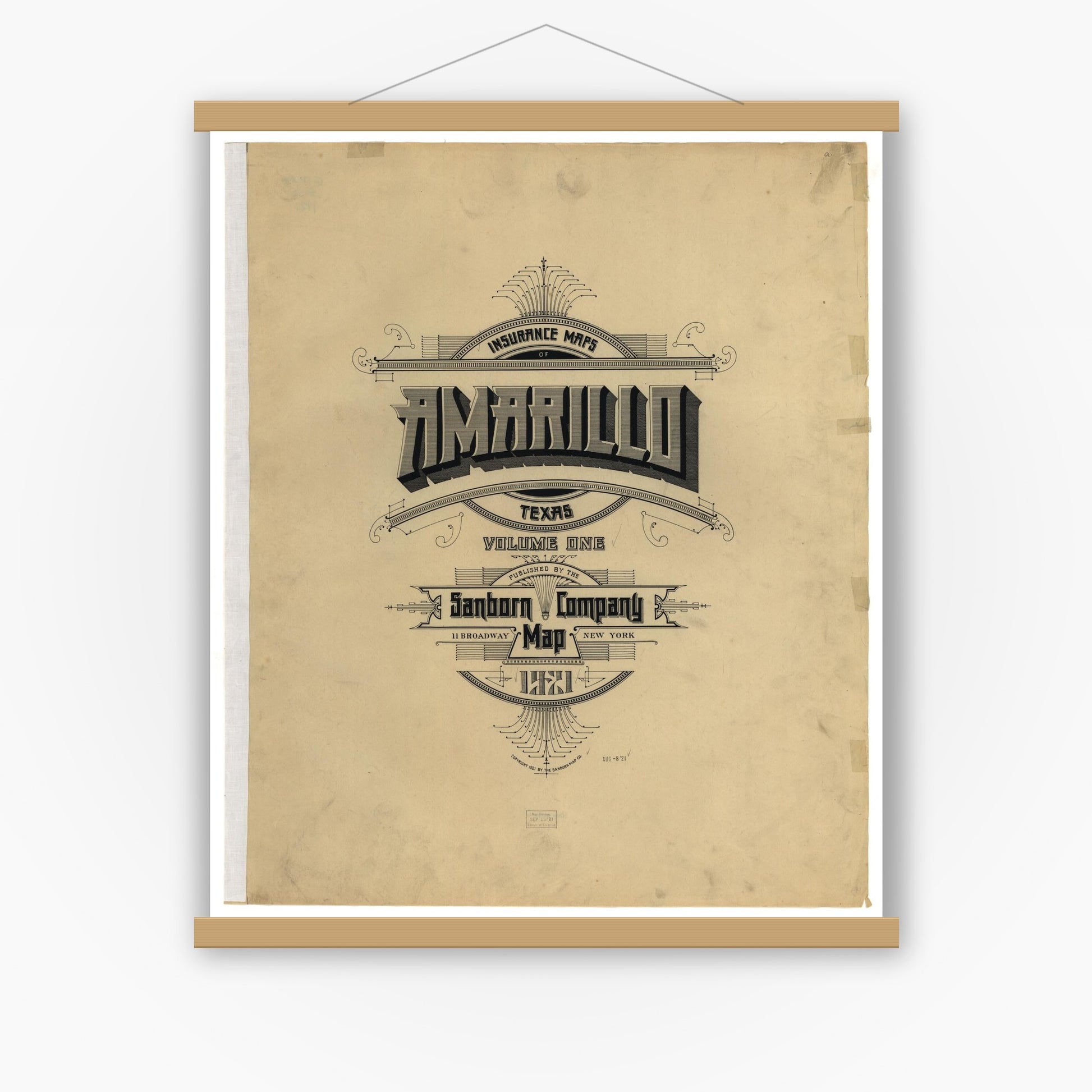 Old map wall art mockup — magnetic wood frame on white wall — Sanborn Fire Insurance Map from Amarillo, Potter County, Texas (1921), Sheet #0001