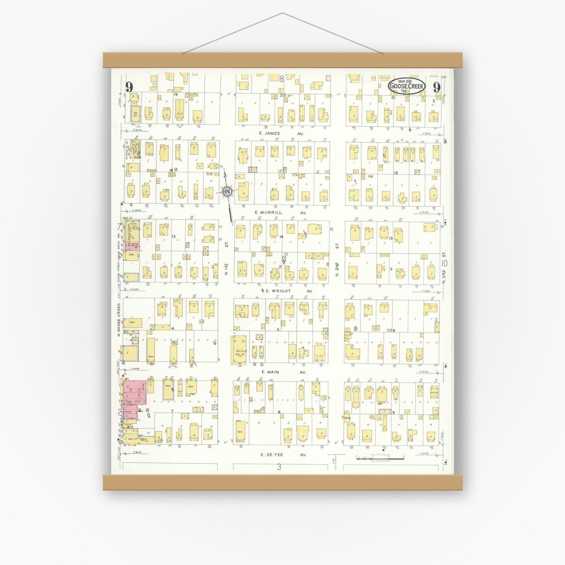 Old map wall art mockup — magnetic wood frame on white wall — Sanborn Fire Insurance Map from Goose Creek, Harris County, Texas (1931), Sheet #0009