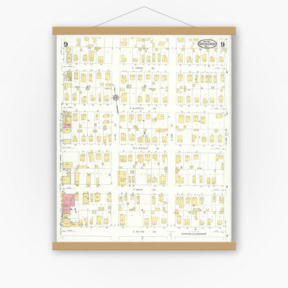 Old map wall art mockup — magnetic wood frame on white wall — Sanborn Fire Insurance Map from Goose Creek, Harris County, Texas (1931), Sheet #0009